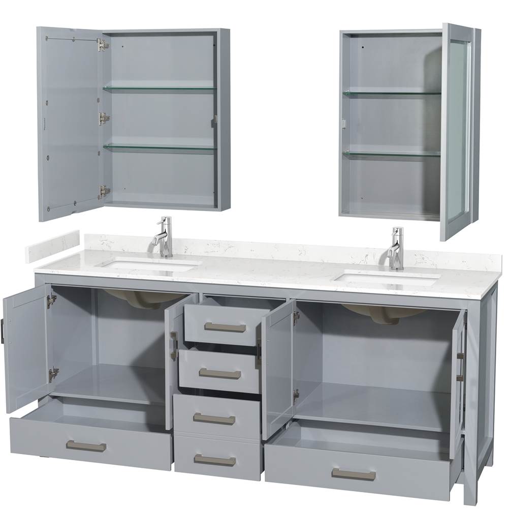 Sheffield 80 Inch Double Bathroom Vanity in Gray, Carrara Cultured Marble Countertop, Undermount Square Sinks, Medicine Cabinets