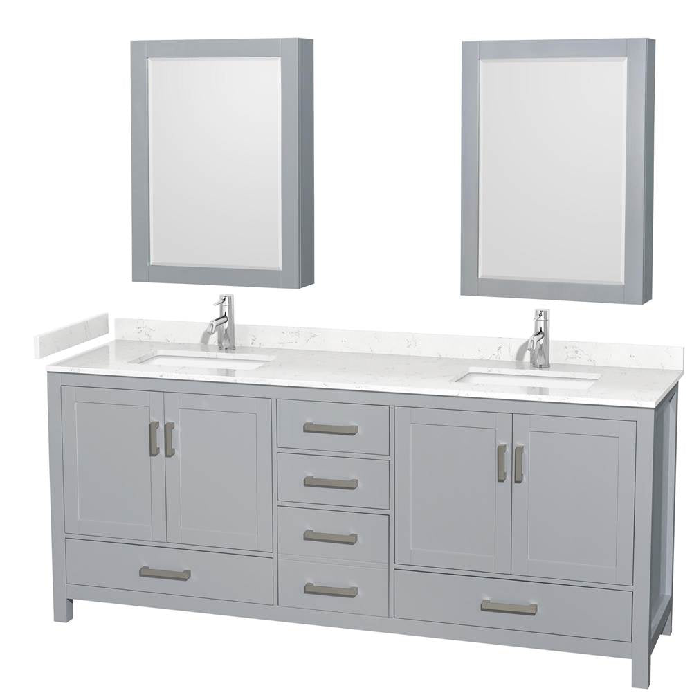Wyndham Collection - Sheffield 80 Inch Double Bathroom Vanity in Gray, Carrara Cultured Marble Countertop, Undermount Square Sinks, Medicine Cabinets