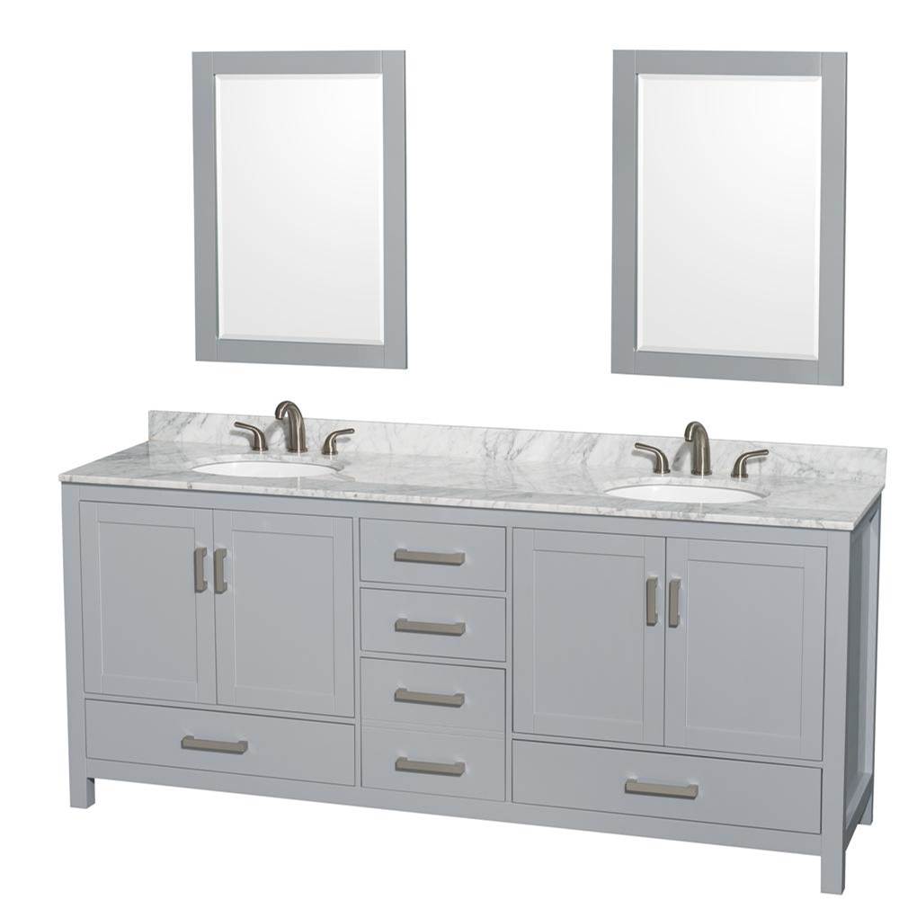 Wyndham Collection - Sheffield 80 Inch Double Bathroom Vanity in Gray, White Carrara Marble Countertop, Undermount Oval Sinks, and 24 Inch Mirrors - Gray