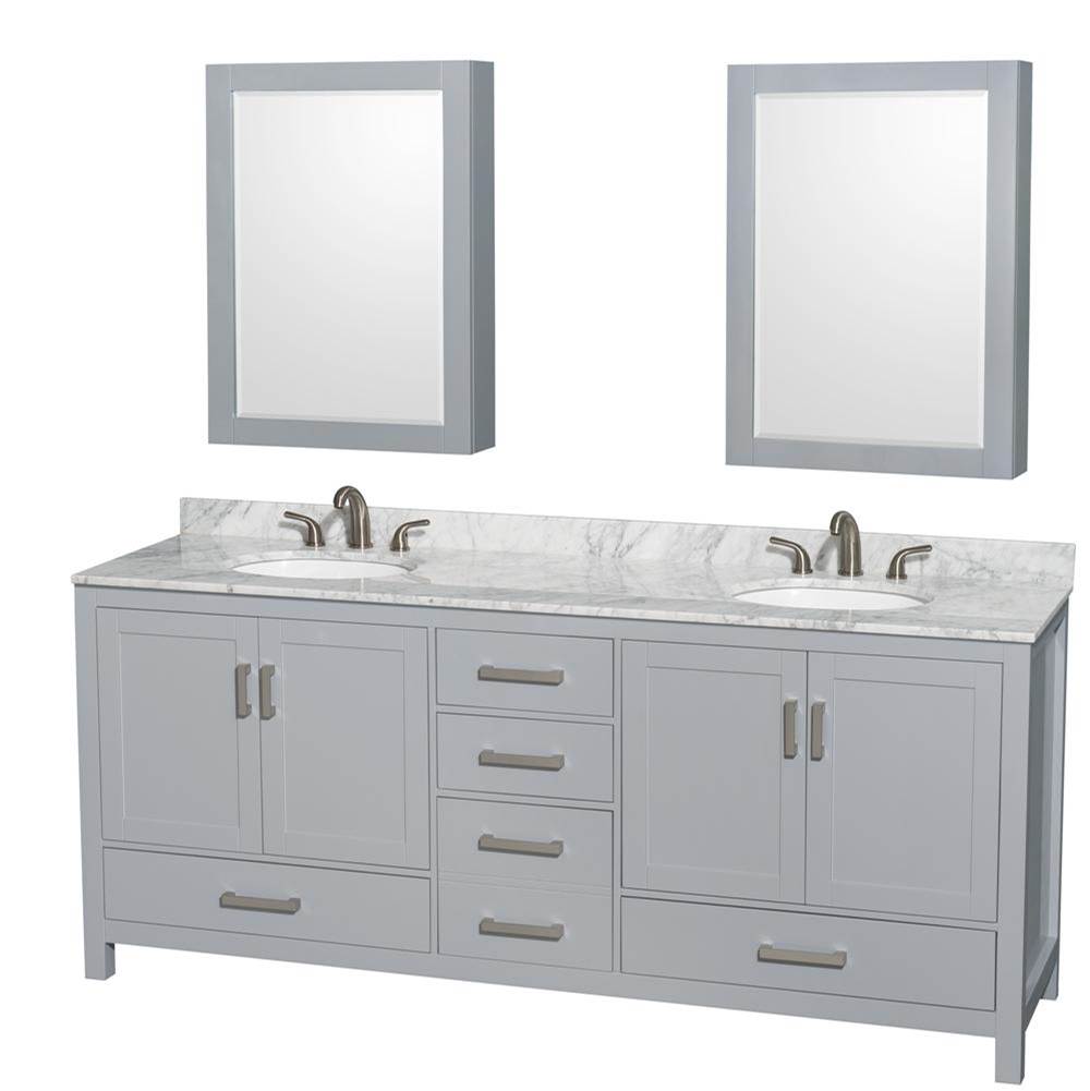 Wyndham Collection - Sheffield 80 Inch Double Bathroom Vanity in Gray, White Carrara Marble Countertop, Undermount Oval Sinks, and Medicine Cabinets - Gray