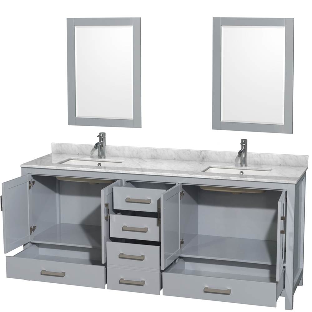 Sheffield 80 Inch Double Bathroom Vanity in Espresso, White Carrara Marble Countertop, Undermount Square Sinks, and 24 Inch Mirrors