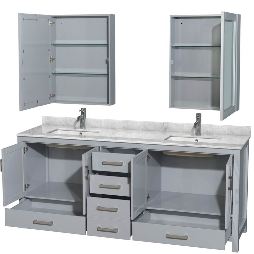 Sheffield 80 Inch Double Bathroom Vanity in Espresso, White Carrara Marble Countertop, Undermount Square Sinks, and Medicine Cabinets