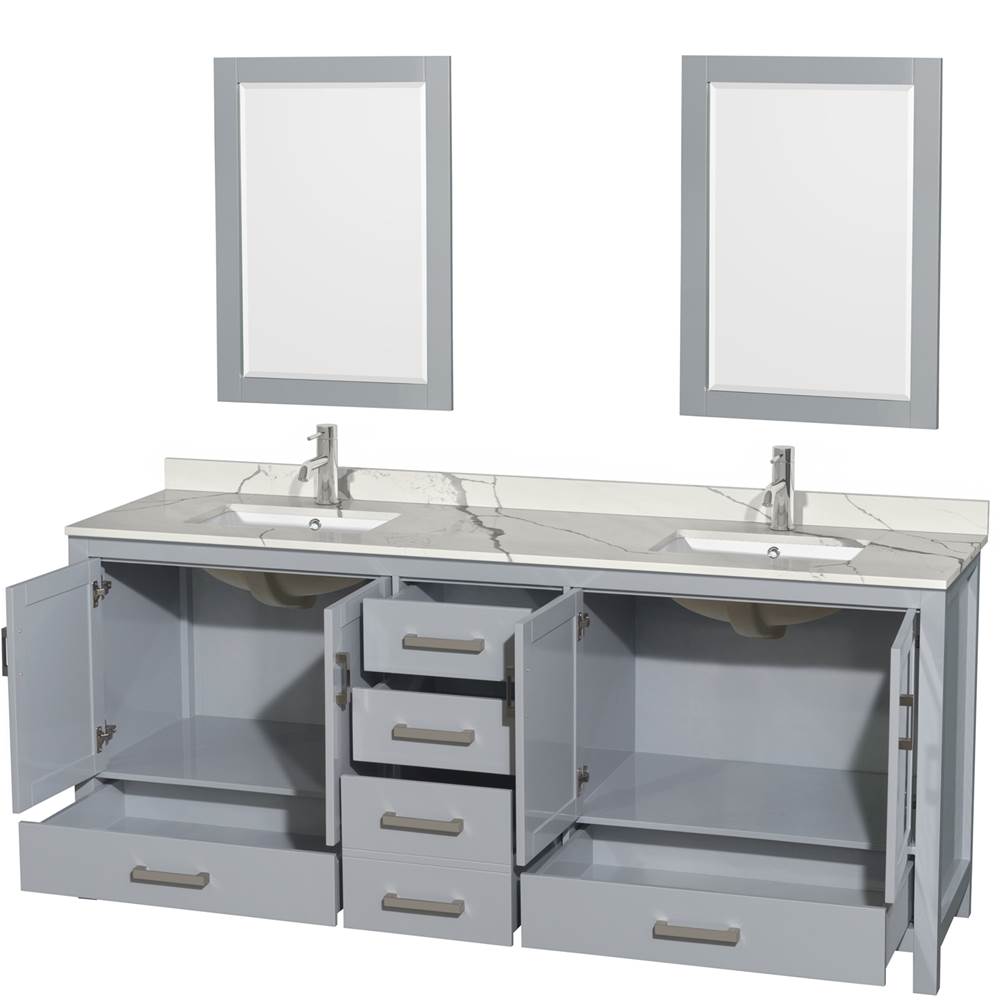 Sheffield 80 Inch Double Bathroom Vanity in Gray, Calacatta Quartz Countertop, Undermount Square Sinks, 24 Inch Mirrors