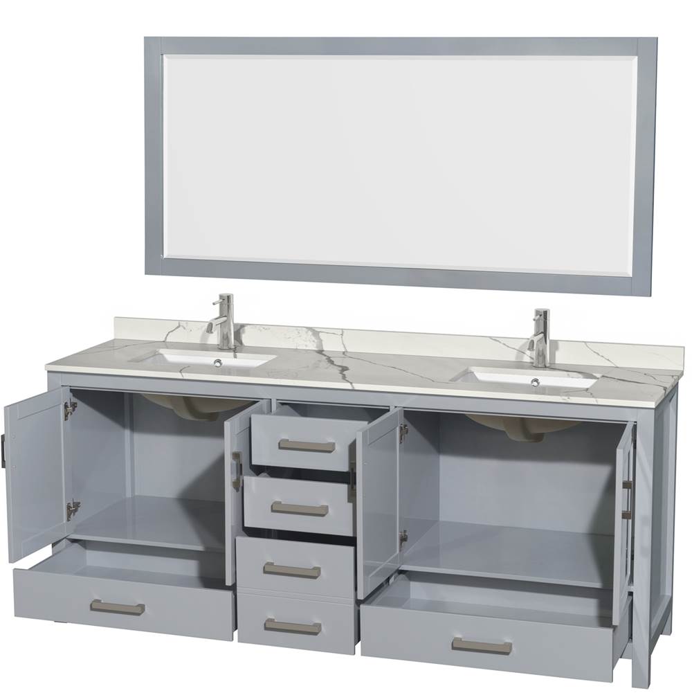 Sheffield 80 Inch Double Bathroom Vanity in Gray, Calacatta Quartz Countertop, Undermount Square Sinks, 70 Inch Mirror