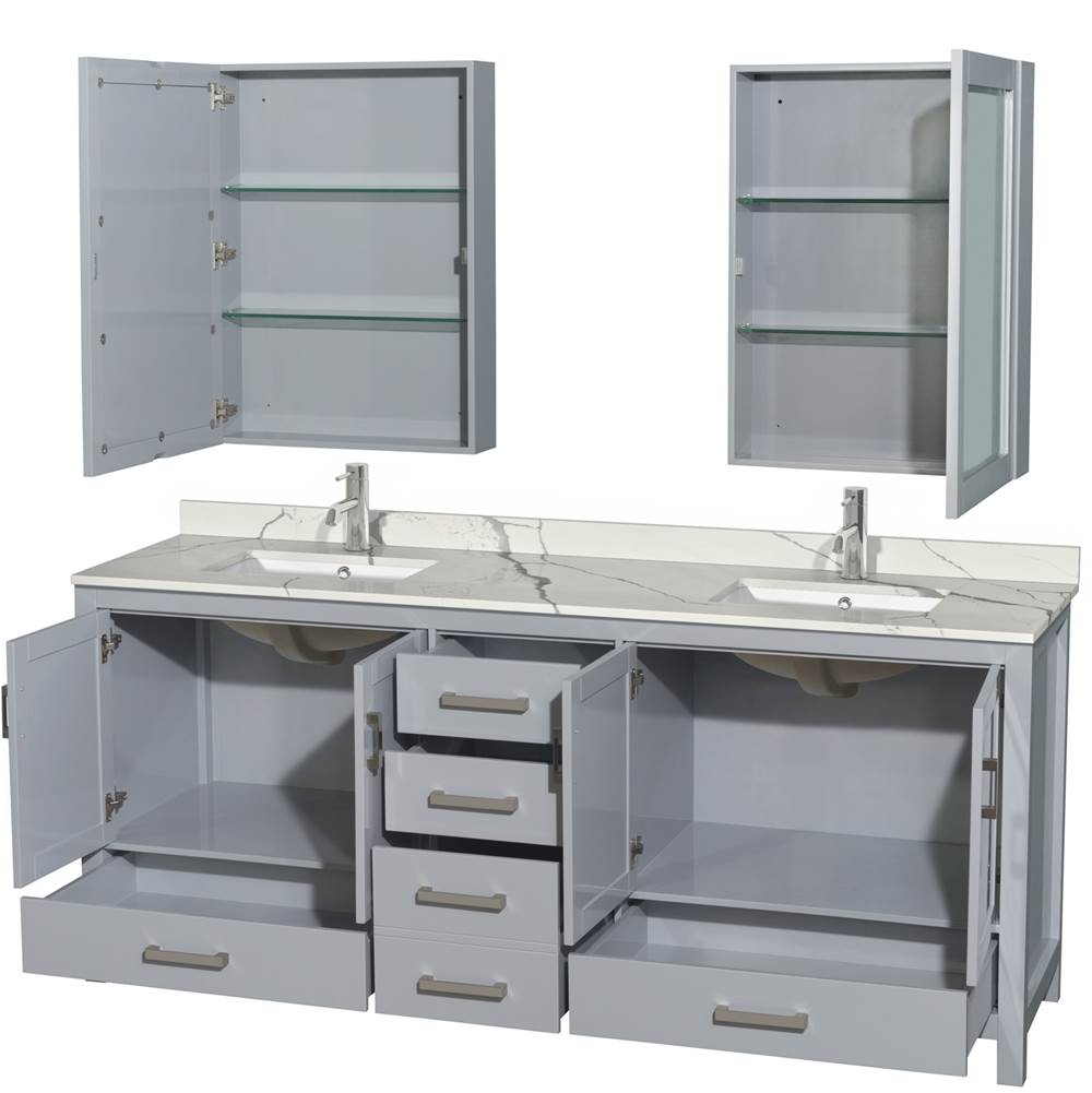 Sheffield 80 Inch Double Bathroom Vanity in Gray, Calacatta Quartz Countertop, Undermount Square Sinks, Medicine Cabinets