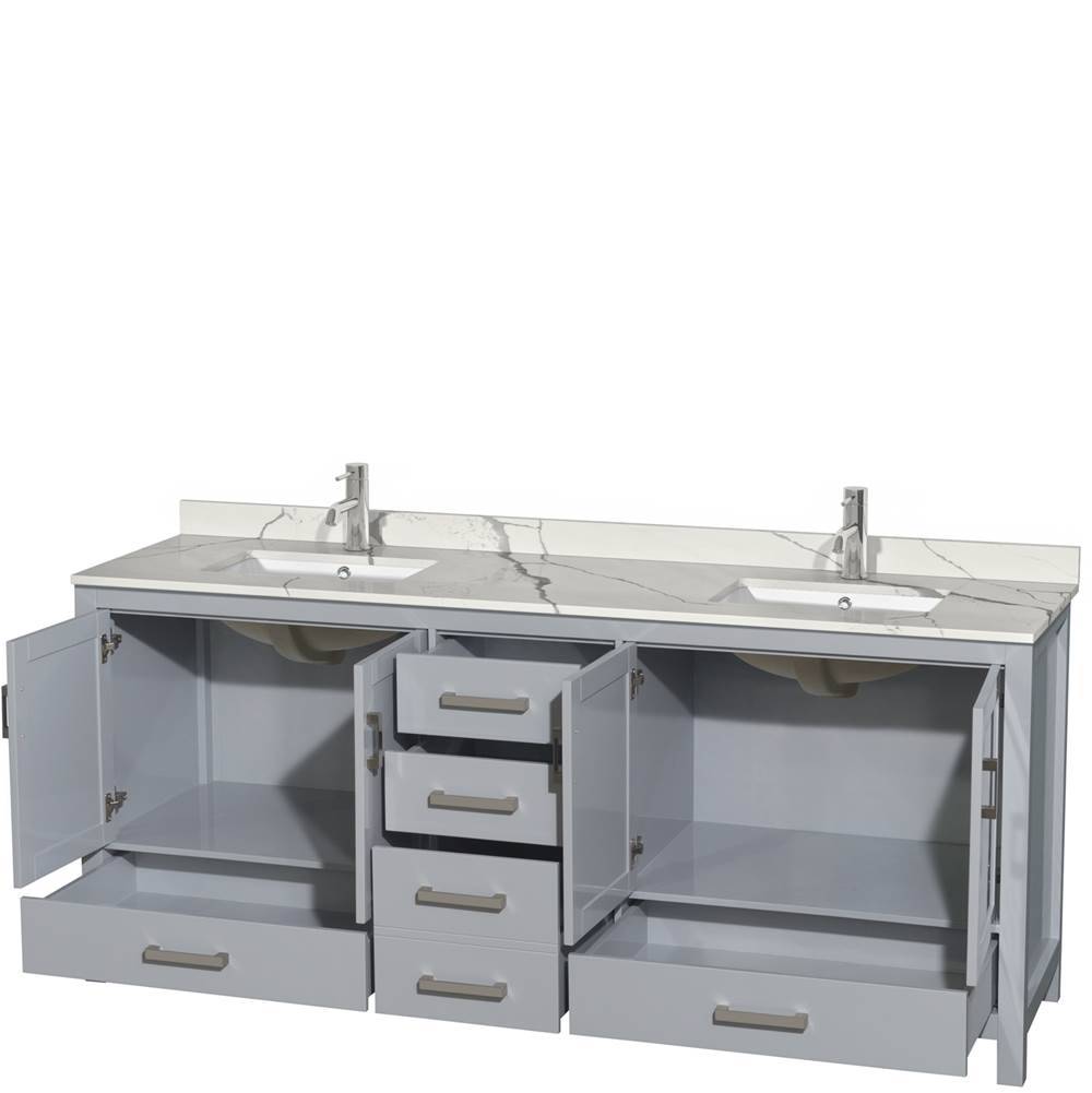 Sheffield 80 Inch Double Bathroom Vanity in Gray, Calacatta Quartz Countertop, Undermount Square Sinks, No Mirror