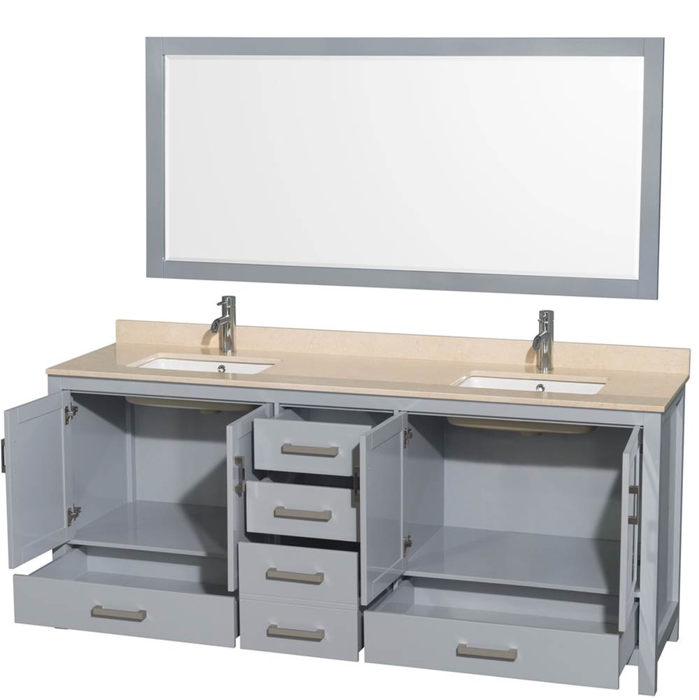 Sheffield 80 Inch Double Bathroom Vanity in Espresso, Ivory Marble Countertop, Undermount Square Sinks, and 70 Inch Mirror