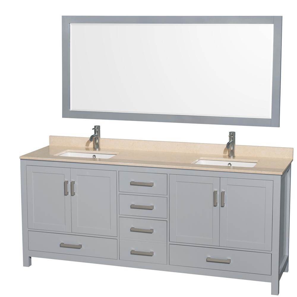 Wyndham Collection - Sheffield 80 Inch Double Bathroom Vanity in Gray, Ivory Marble Countertop, Undermount Square Sinks, and 70 Inch Mirror - Gray