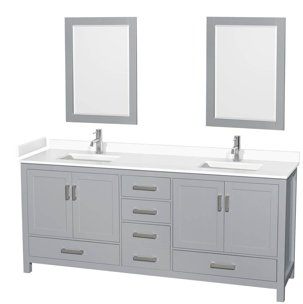 Wyndham Collection - Sheffield 80 Inch Double Bathroom Vanity in Gray, White Cultured Marble Countertop, Undermount Square Sinks, 24 Inch Mirrors