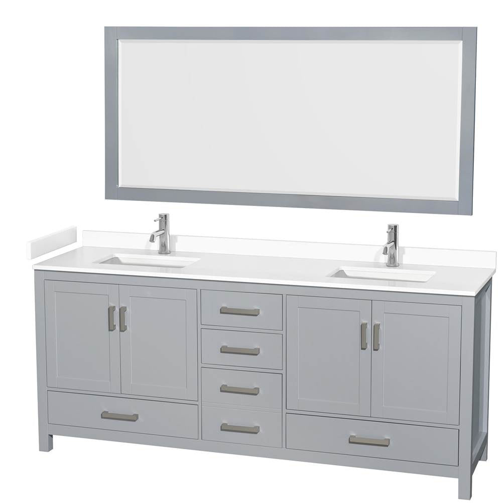 Wyndham Collection - Sheffield 80 Inch Double Bathroom Vanity in Gray, White Cultured Marble Countertop, Undermount Square Sinks, 70 Inch Mirror