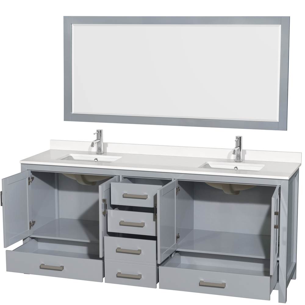 Sheffield 80 Inch Double Bathroom Vanity in Gray, White Quartz Countertop, Undermount Square Sinks, 70 Inch Mirror