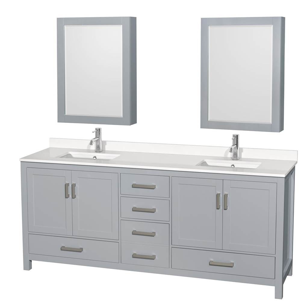 Wyndham Collection - Sheffield 80 Inch Double Bathroom Vanity in Gray, White Quartz Countertop, Undermount Square Sinks, Medicine Cabinets - Gray