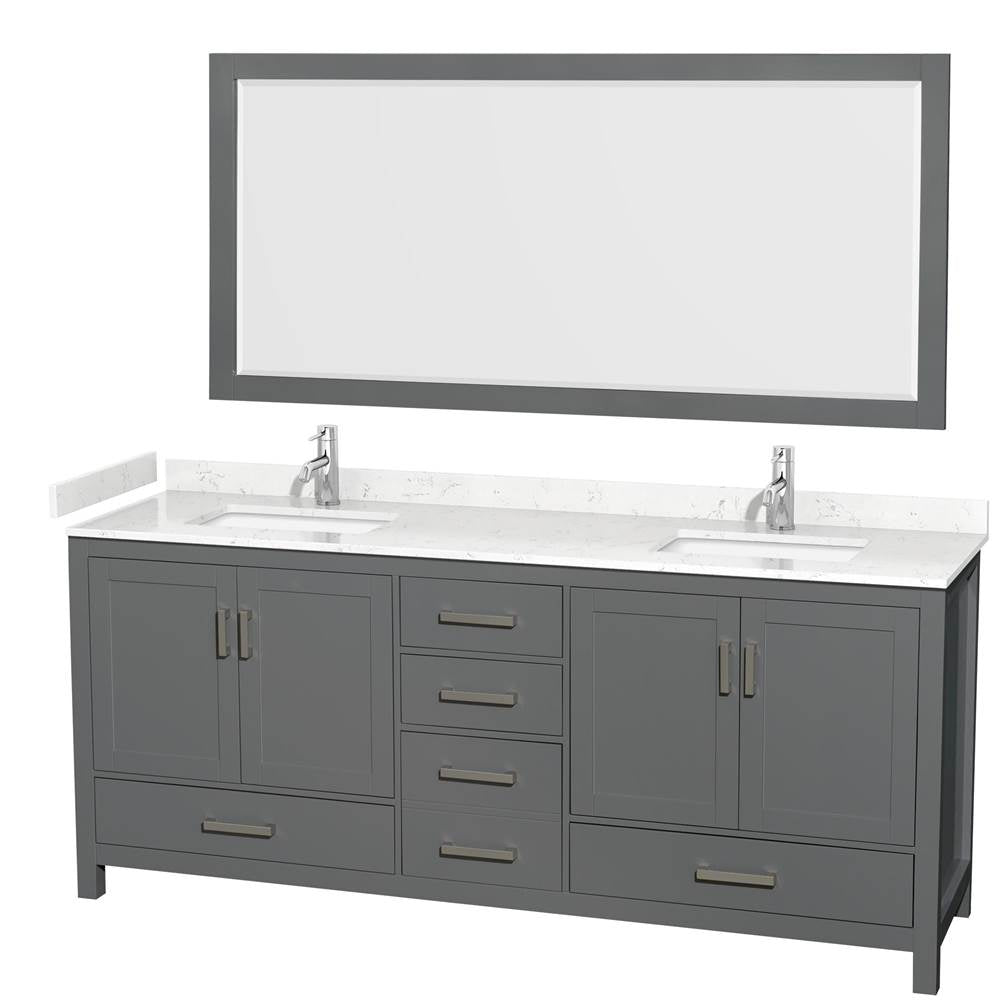 Wyndham Collection - Sheffield 80 Inch Double Bathroom Vanity in Dark Gray, Carrara Cultured Marble Countertop, Undermount Square Sinks, 70 Inch Mirror