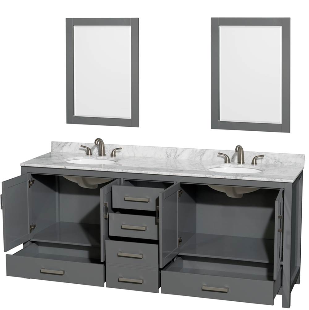 Sheffield 80 Inch Double Bathroom Vanity in Espresso, White Carrara Marble Countertop, Undermount Oval Sinks, and 24 Inch Mirrors