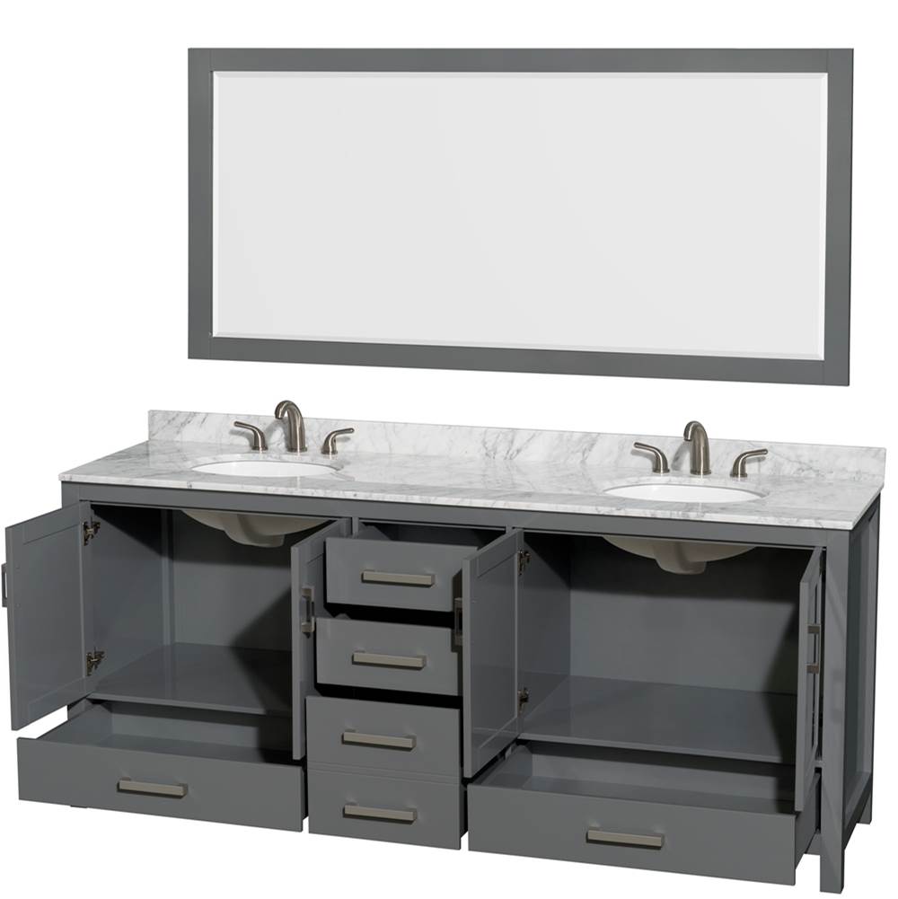 Sheffield 80 Inch Double Bathroom Vanity in Espresso, White Carrara Marble Countertop, Undermount Oval Sinks, and 70 Inch Mirror