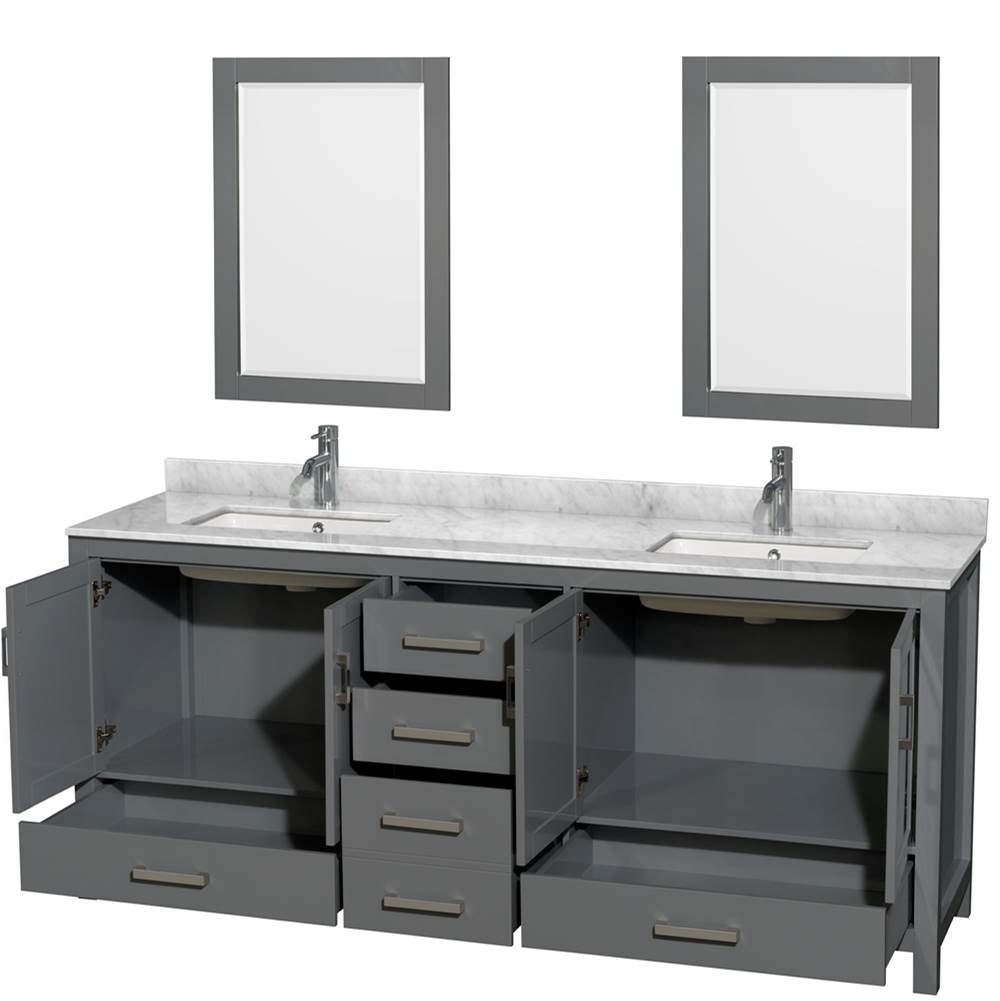 Sheffield 80 Inch Double Bathroom Vanity in Espresso, White Carrara Marble Countertop, Undermount Square Sinks, and 24 Inch Mirrors