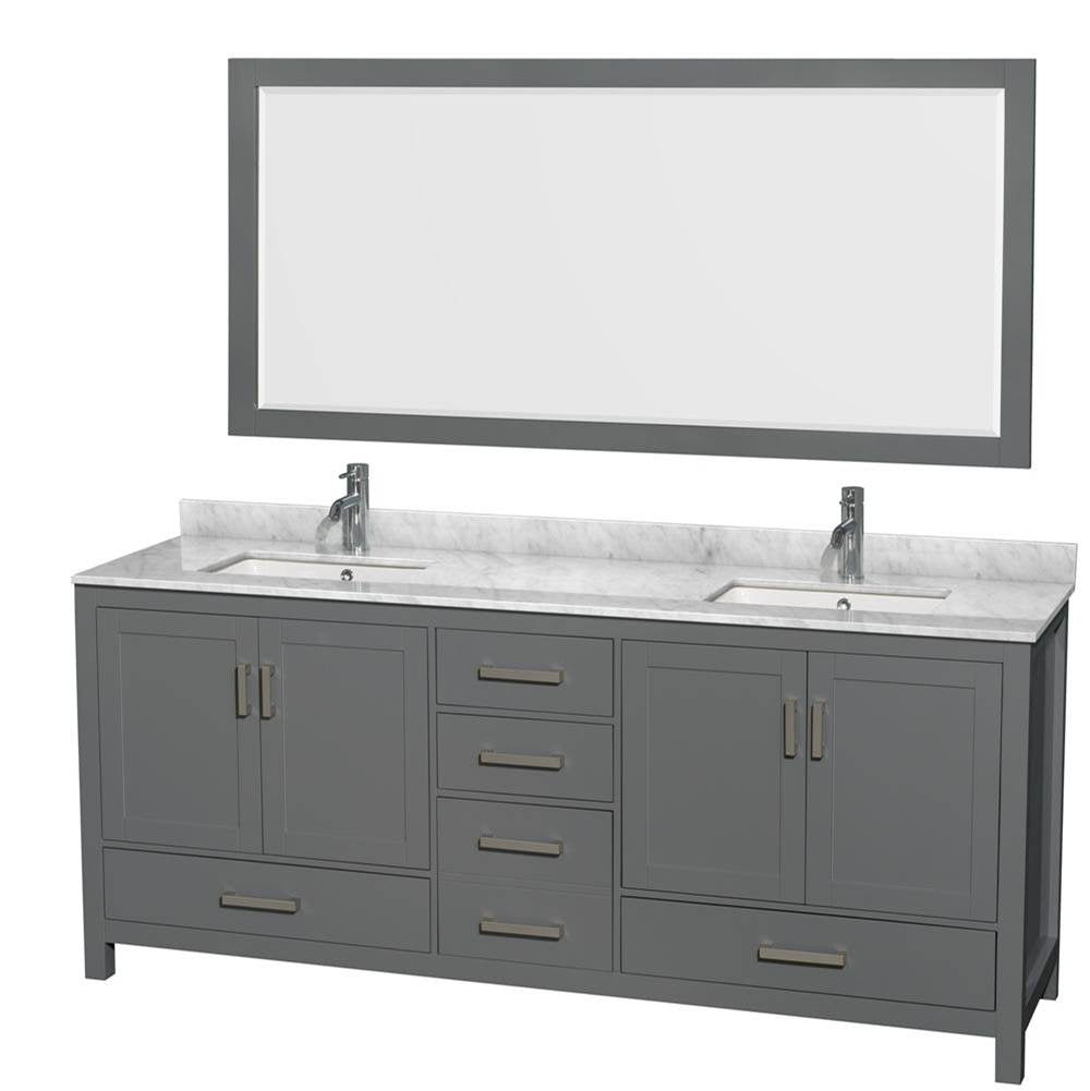 Wyndham Collection - Sheffield 80 Inch Double Bathroom Vanity in Dark Gray, White Carrara Marble Countertop, Undermount Square Sinks, and 70 Inch Mirror - Dark Gray