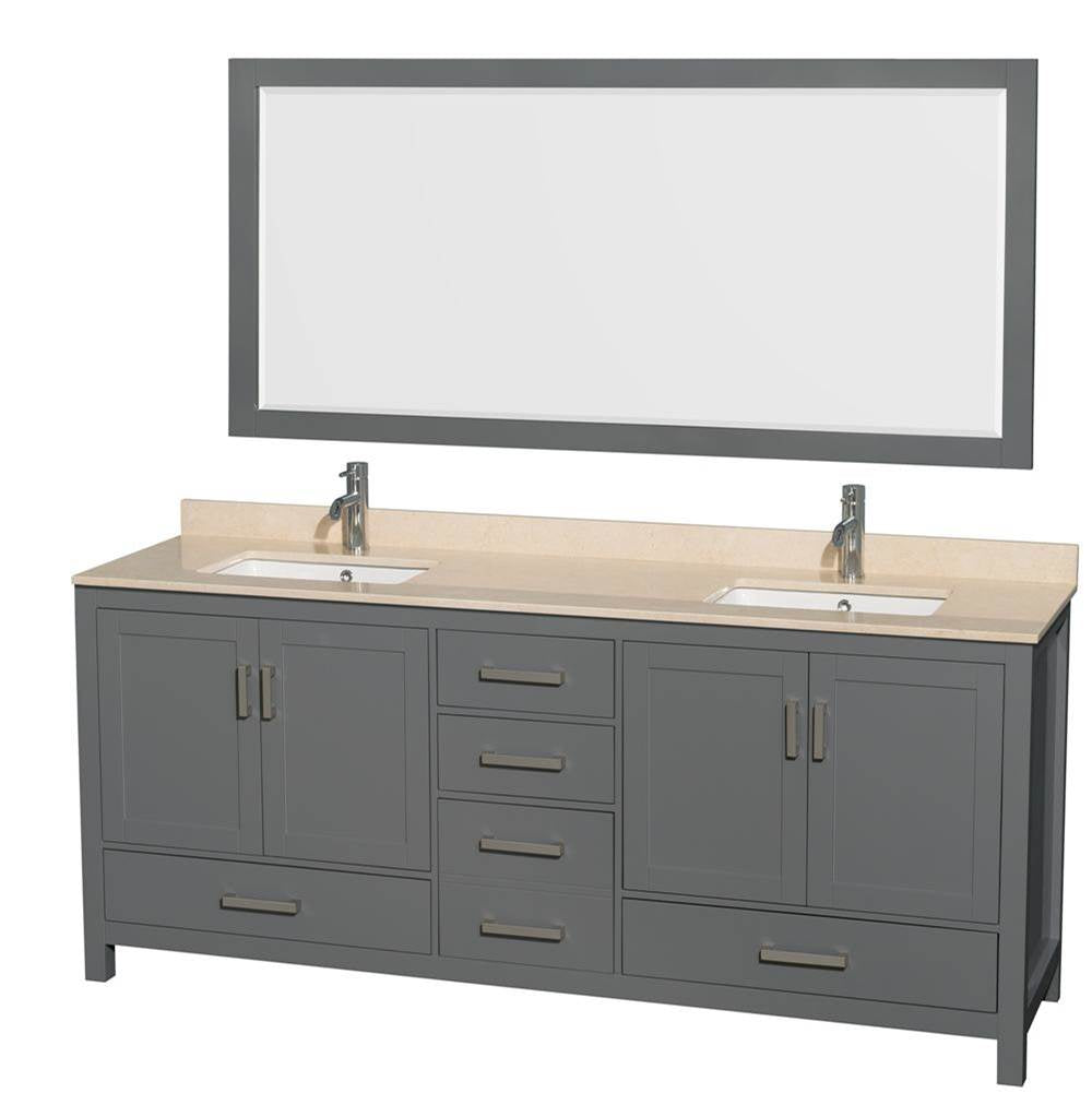 Wyndham Collection - Sheffield 80 Inch Double Bathroom Vanity in Dark Gray, Ivory Marble Countertop, Undermount Square Sinks, and 70 Inch Mirror - Dark Gray