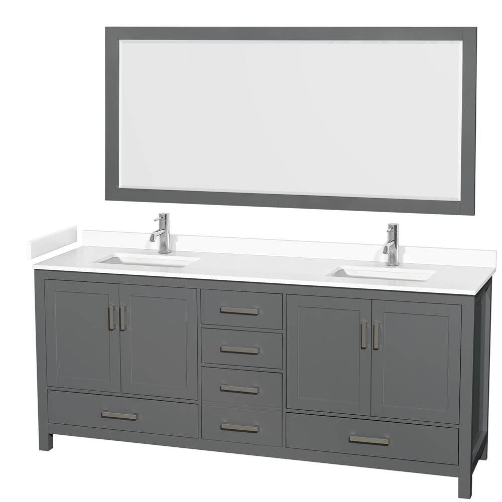 Wyndham Collection - Sheffield 80 Inch Double Bathroom Vanity in Dark Gray, White Cultured Marble Countertop, Undermount Square Sinks, 70 Inch Mirror