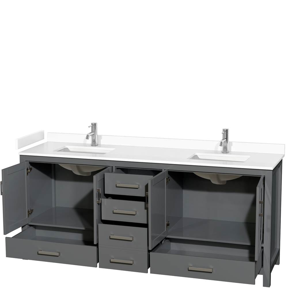 Sheffield 80 Inch Double Bathroom Vanity in Dark Gray, White Cultured Marble Countertop, Undermount Square Sinks, No Mirror