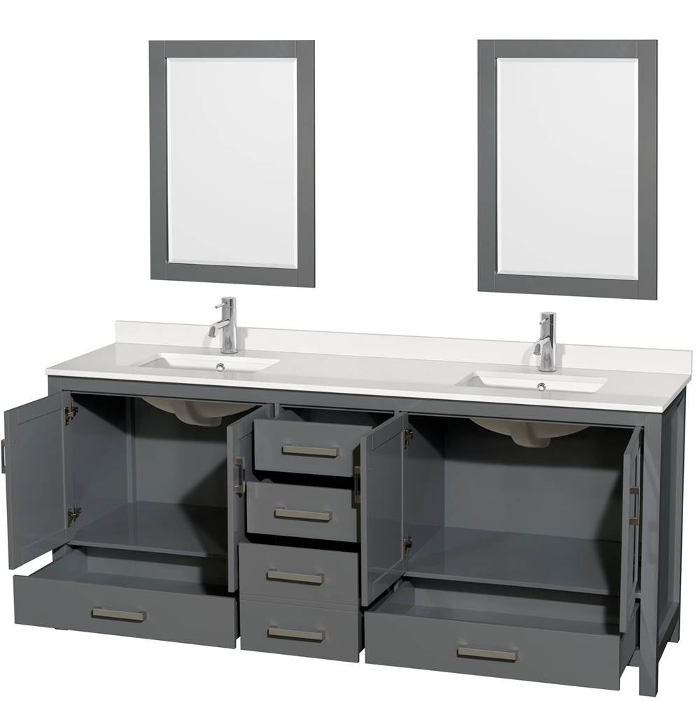 Sheffield 80 Inch Double Bathroom Vanity in Gray, White Quartz Countertop, Undermount Square Sinks, 24 Inch Mirrors