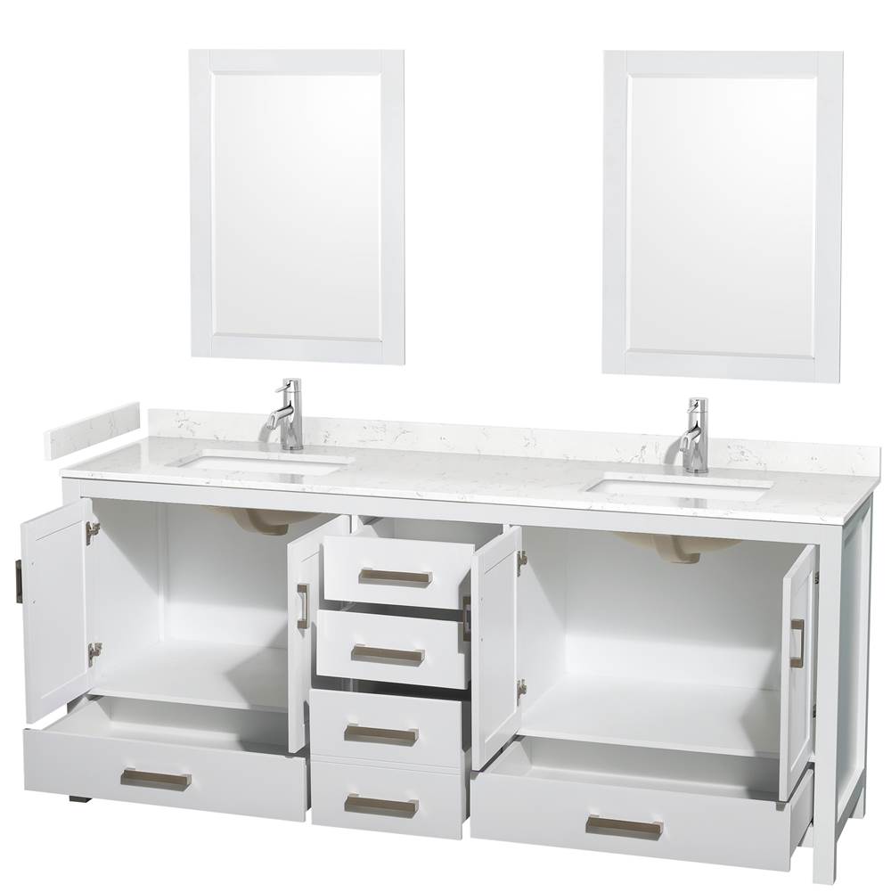 Sheffield 80 Inch Double Bathroom Vanity in White, Carrara Cultured Marble Countertop, Undermount Square Sinks, 24 Inch Mirrors