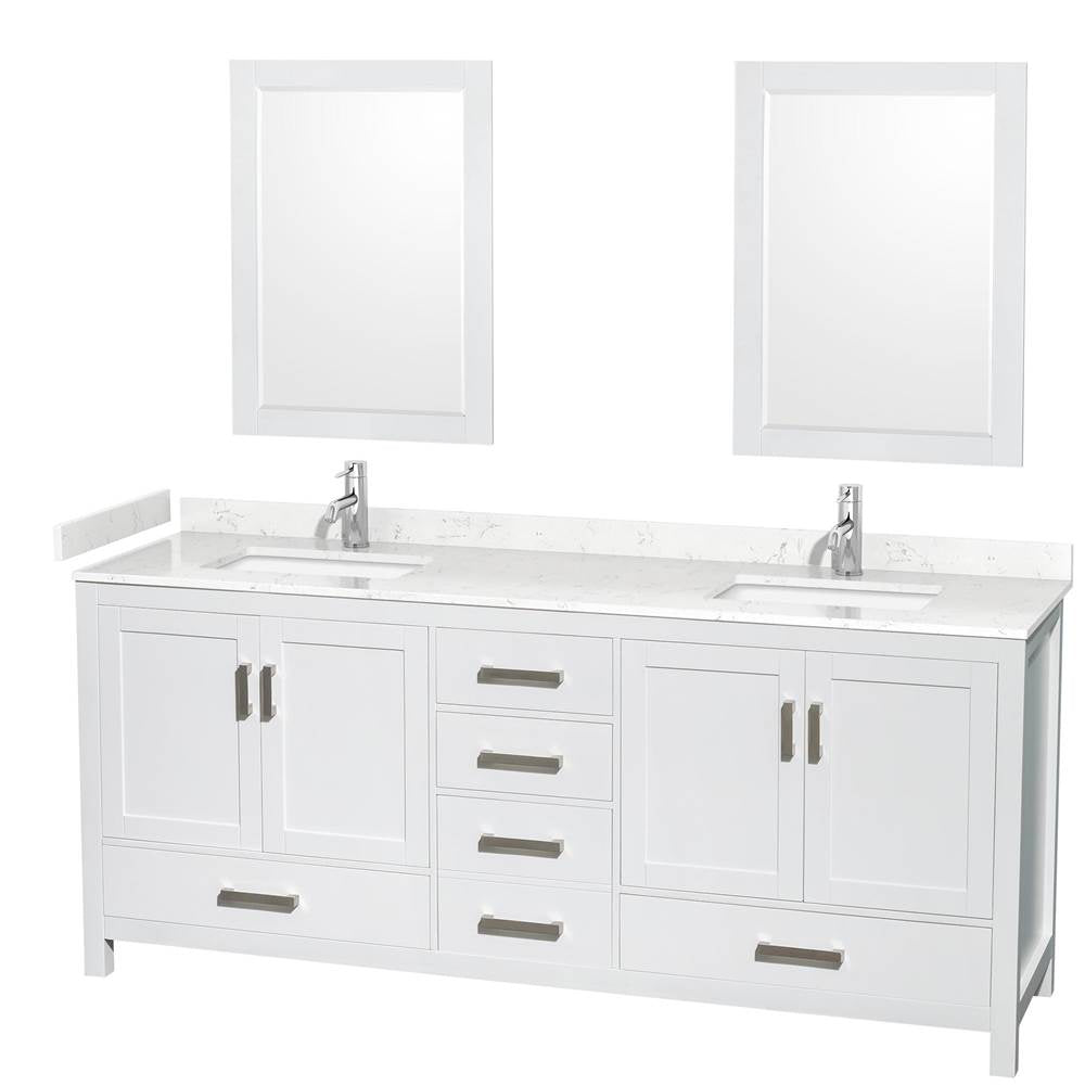 Wyndham Collection - Sheffield 80 Inch Double Bathroom Vanity in White, Carrara Cultured Marble Countertop, Undermount Square Sinks, 24 Inch Mirrors