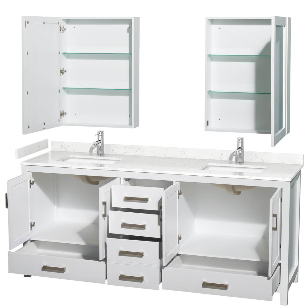 Sheffield 80 Inch Double Bathroom Vanity in White, Carrara Cultured Marble Countertop, Undermount Square Sinks, Medicine Cabinets