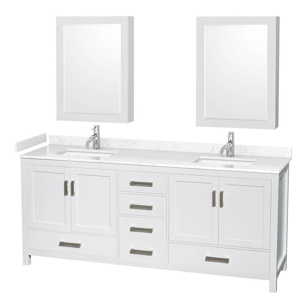 Wyndham Collection - Sheffield 80 Inch Double Bathroom Vanity in White, Carrara Cultured Marble Countertop, Undermount Square Sinks, Medicine Cabinets
