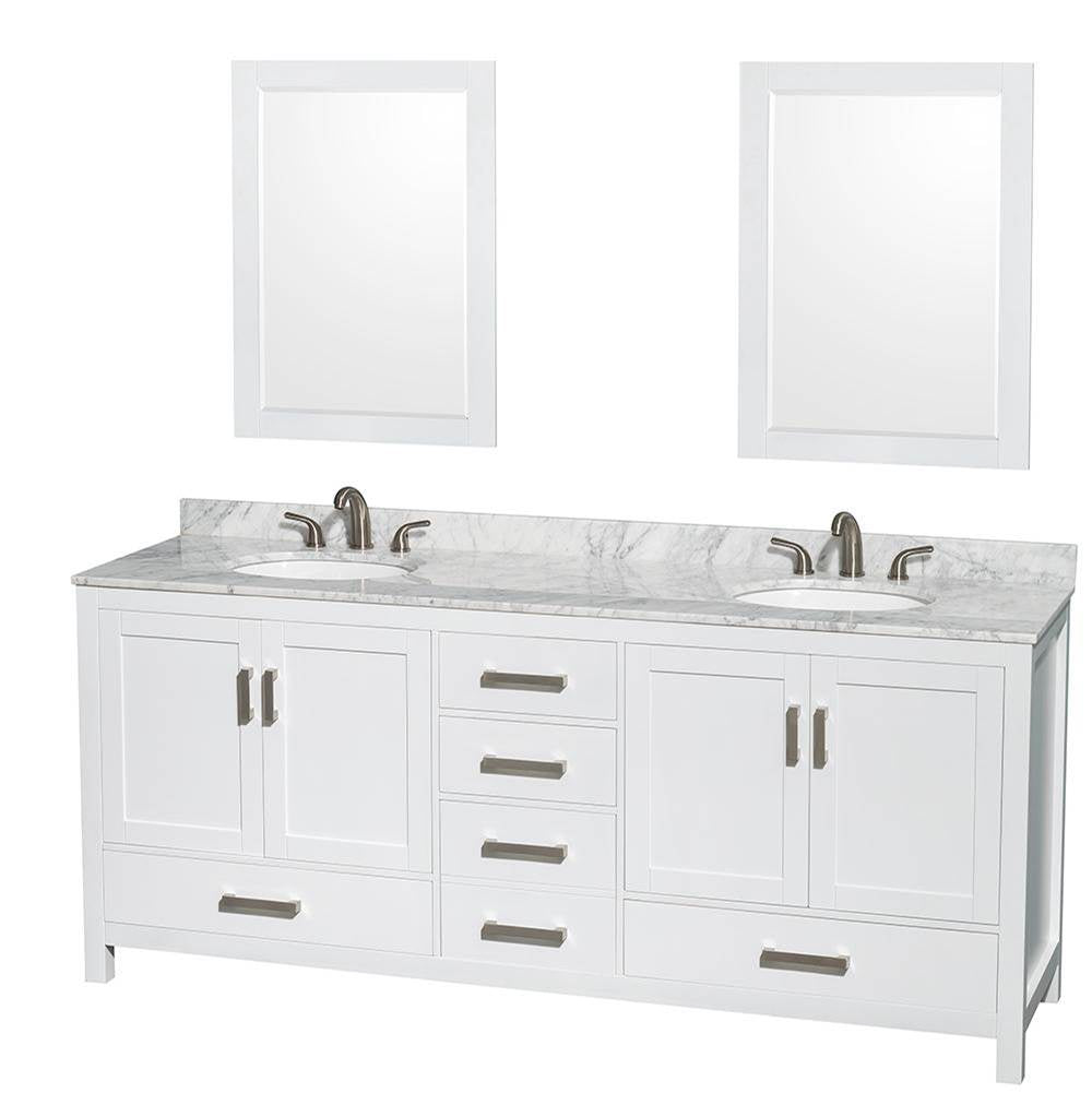 Wyndham Collection - Sheffield 80 Inch Double Bathroom Vanity in White, White Carrara Marble Countertop, Undermount Oval Sinks, and 24 Inch Mirrors - White