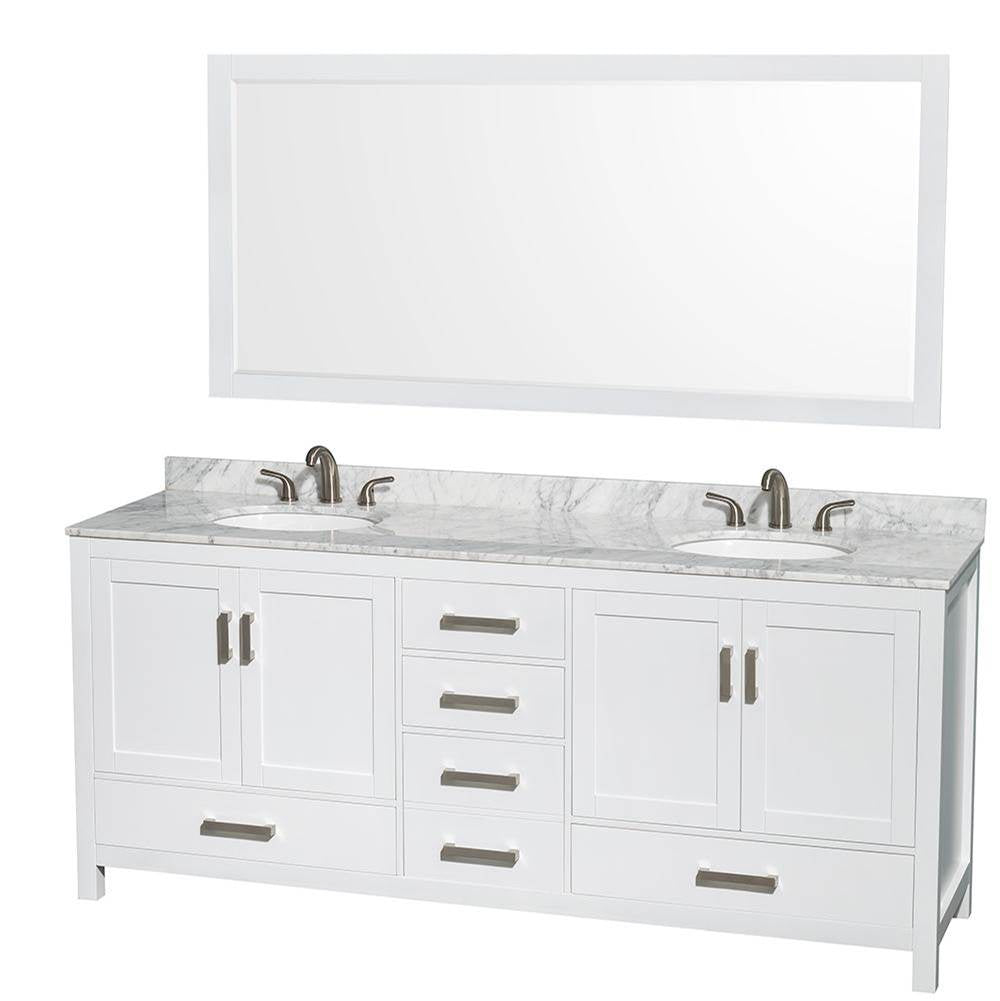 Wyndham Collection - Sheffield 80 Inch Double Bathroom Vanity in White, White Carrara Marble Countertop, Undermount Oval Sinks, and 70 Inch Mirror - White