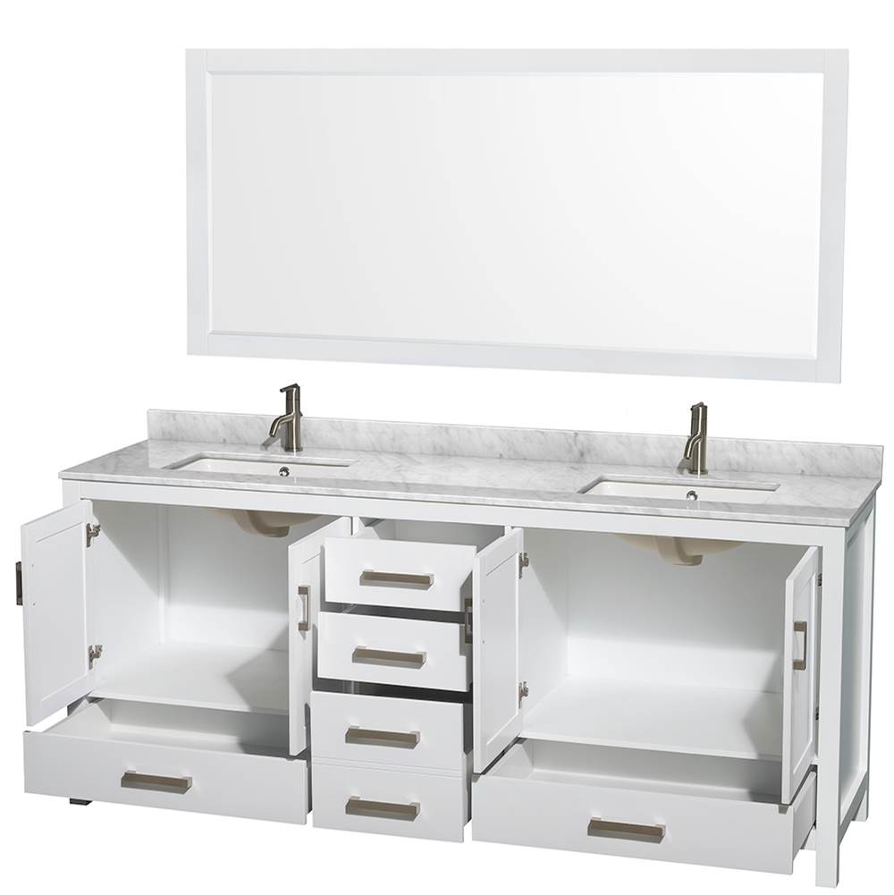 Sheffield 80 Inch Double Bathroom Vanity in Espresso, White Carrara Marble Countertop, Undermount Square Sinks, and 70 Inch Mirror