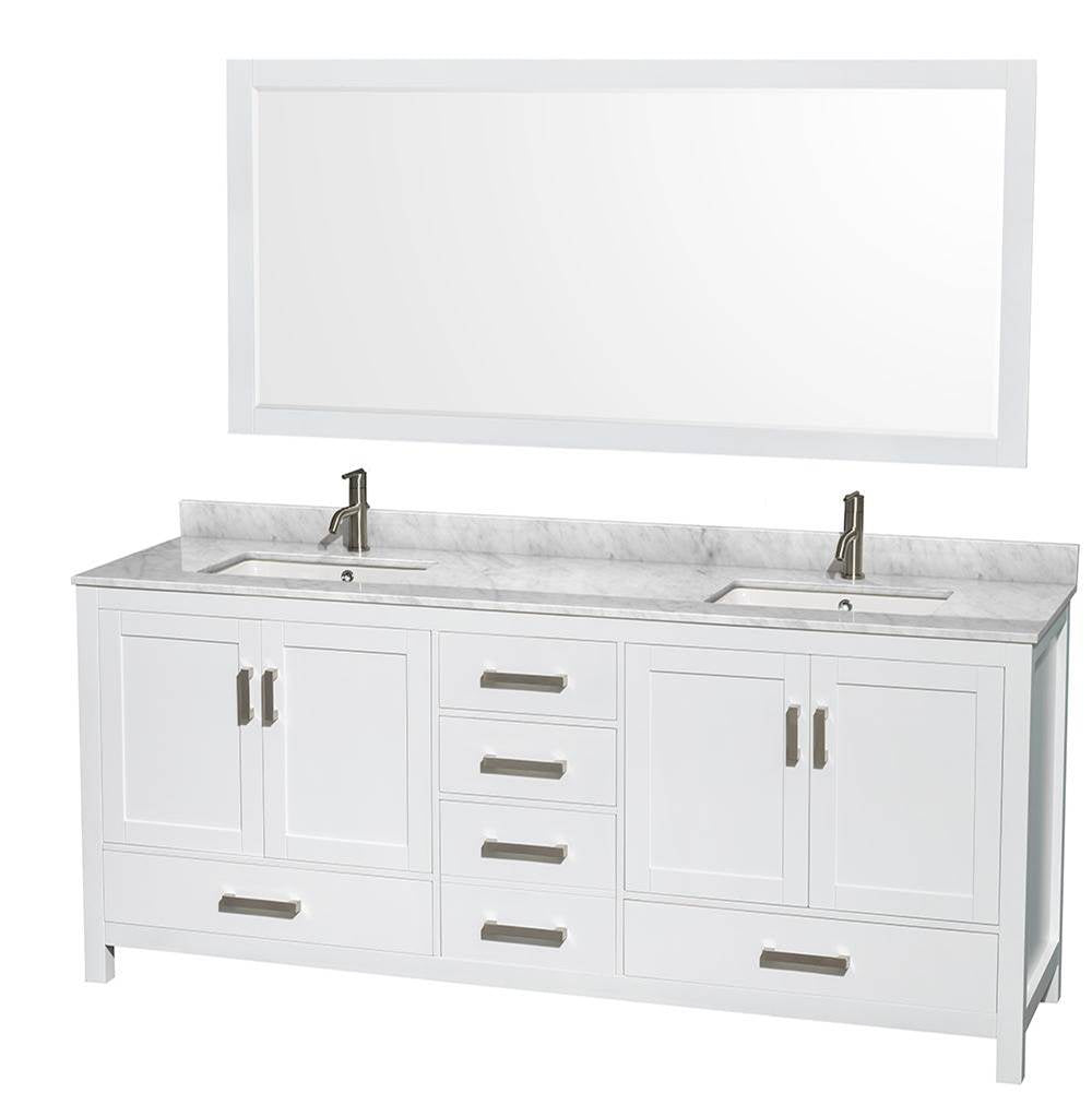Wyndham Collection - Sheffield 80 Inch Double Bathroom Vanity in White, White Carrara Marble Countertop, Undermount Square Sinks, and 70 Inch Mirror - White