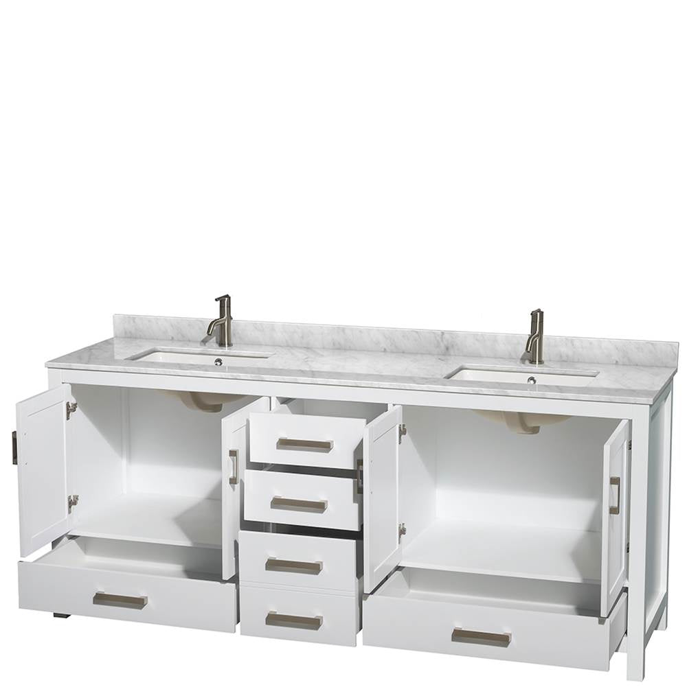Sheffield 80 Inch Double Bathroom Vanity in Espresso, White Carrara Marble Countertop, Undermount Square Sinks, and No Mirror