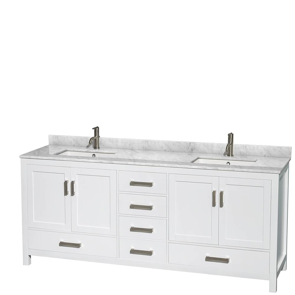 Sheffield 80 Inch Double Bathroom Vanity in Espresso, White Carrara Marble Countertop, Undermount Square Sinks, and 70 Inch Mirror