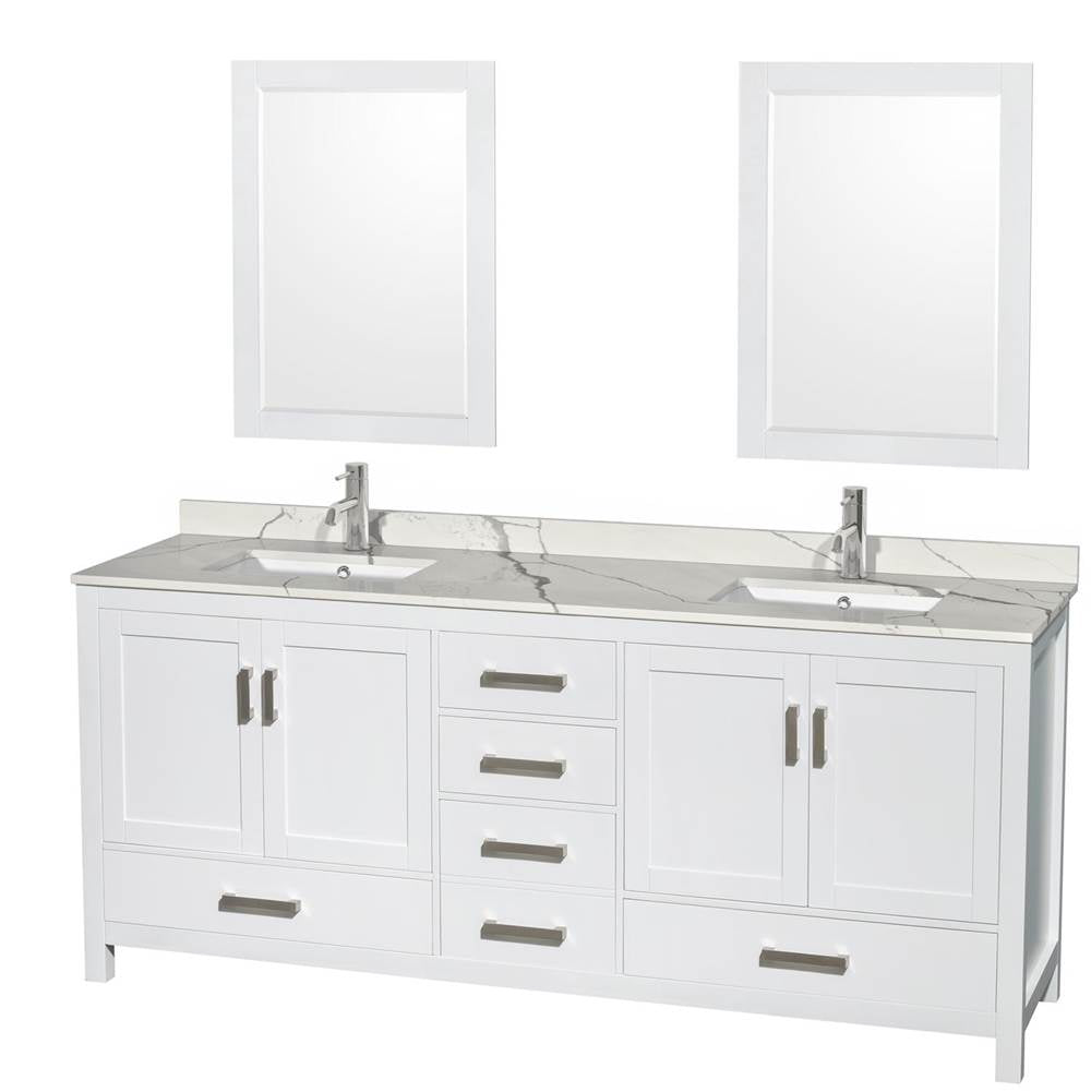Wyndham Collection - Sheffield 80 Inch Double Bathroom Vanity in White, Calacatta Quartz Countertop, Undermount Square Sinks, 24 Inch Mirrors - White