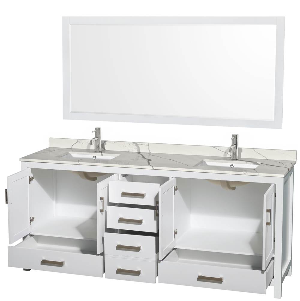 Sheffield 80 Inch Double Bathroom Vanity in Gray, Calacatta Quartz Countertop, Undermount Square Sinks, 70 Inch Mirror