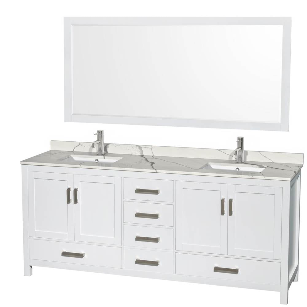 Wyndham Collection - Sheffield 80 Inch Double Bathroom Vanity in White, Calacatta Quartz Countertop, Undermount Square Sinks, 70 Inch Mirror - White