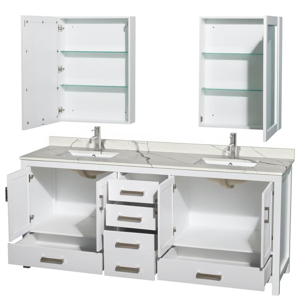 Sheffield 80 Inch Double Bathroom Vanity in Gray, Calacatta Quartz Countertop, Undermount Square Sinks, Medicine Cabinets
