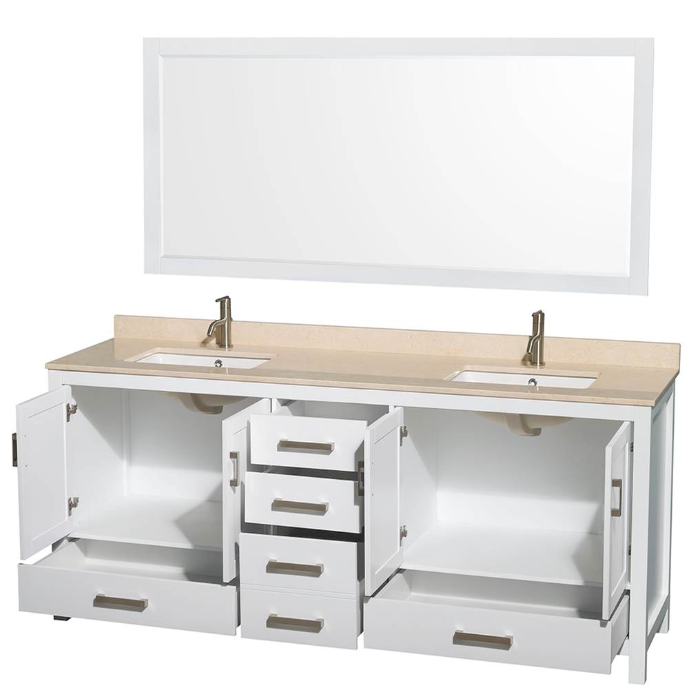 Sheffield 80 Inch Double Bathroom Vanity in Espresso, Ivory Marble Countertop, Undermount Square Sinks, and 70 Inch Mirror
