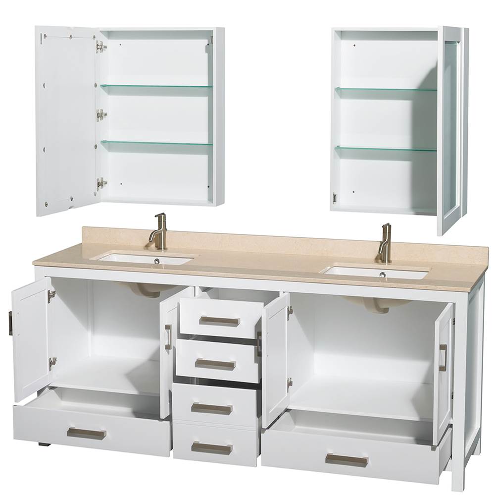 Sheffield 80 Inch Double Bathroom Vanity in Espresso, Ivory Marble Countertop, Undermount Square Sinks, and Medicine Cabinets