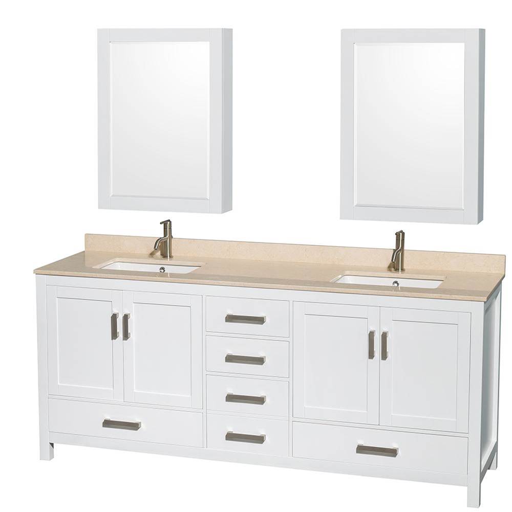 Wyndham Collection - Sheffield 80 Inch Double Bathroom Vanity in White, Ivory Marble Countertop, Undermount Square Sinks, and Medicine Cabinets - White