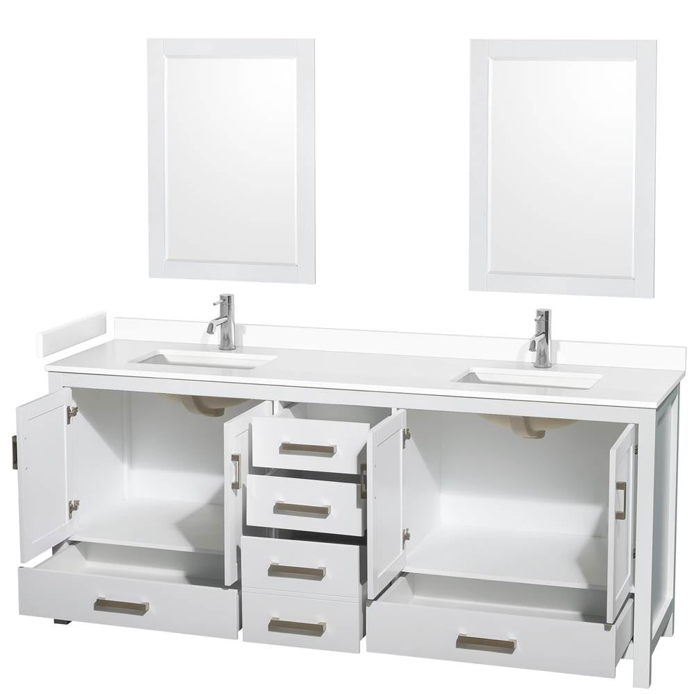 Sheffield 80 Inch Double Bathroom Vanity in White, White Cultured Marble Countertop, Undermount Square Sinks, 24 Inch Mirrors