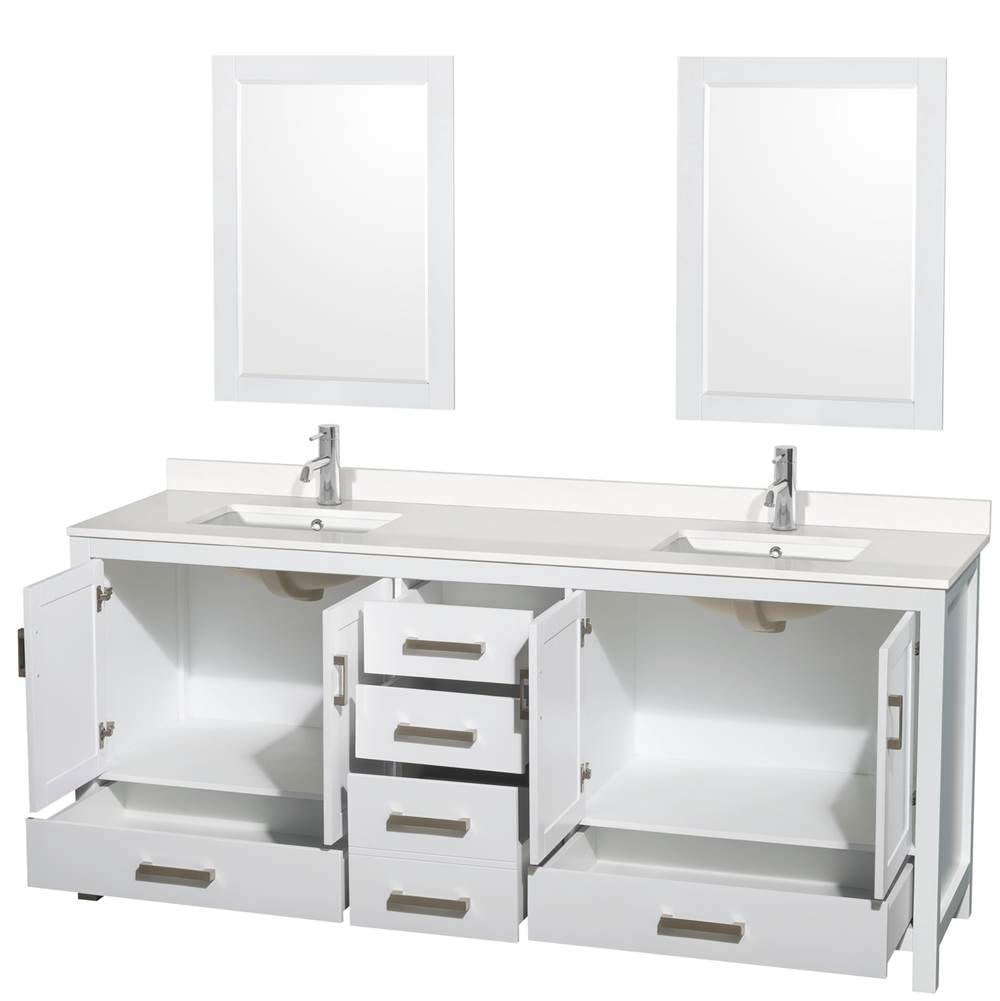 Sheffield 80 Inch Double Bathroom Vanity in Gray, White Quartz Countertop, Undermount Square Sinks, 24 Inch Mirrors