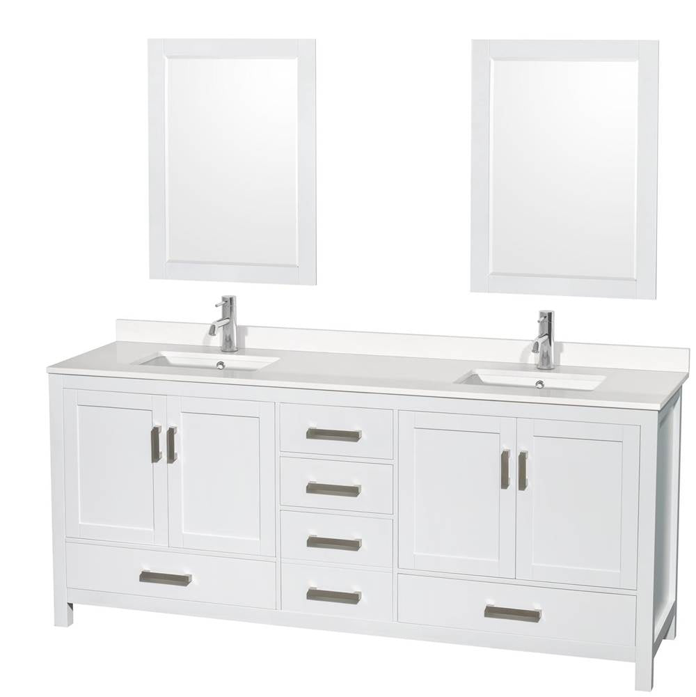 Wyndham Collection - Sheffield 80 Inch Double Bathroom Vanity in White, White Quartz Countertop, Undermount Square Sinks, 24 Inch Mirrors - White