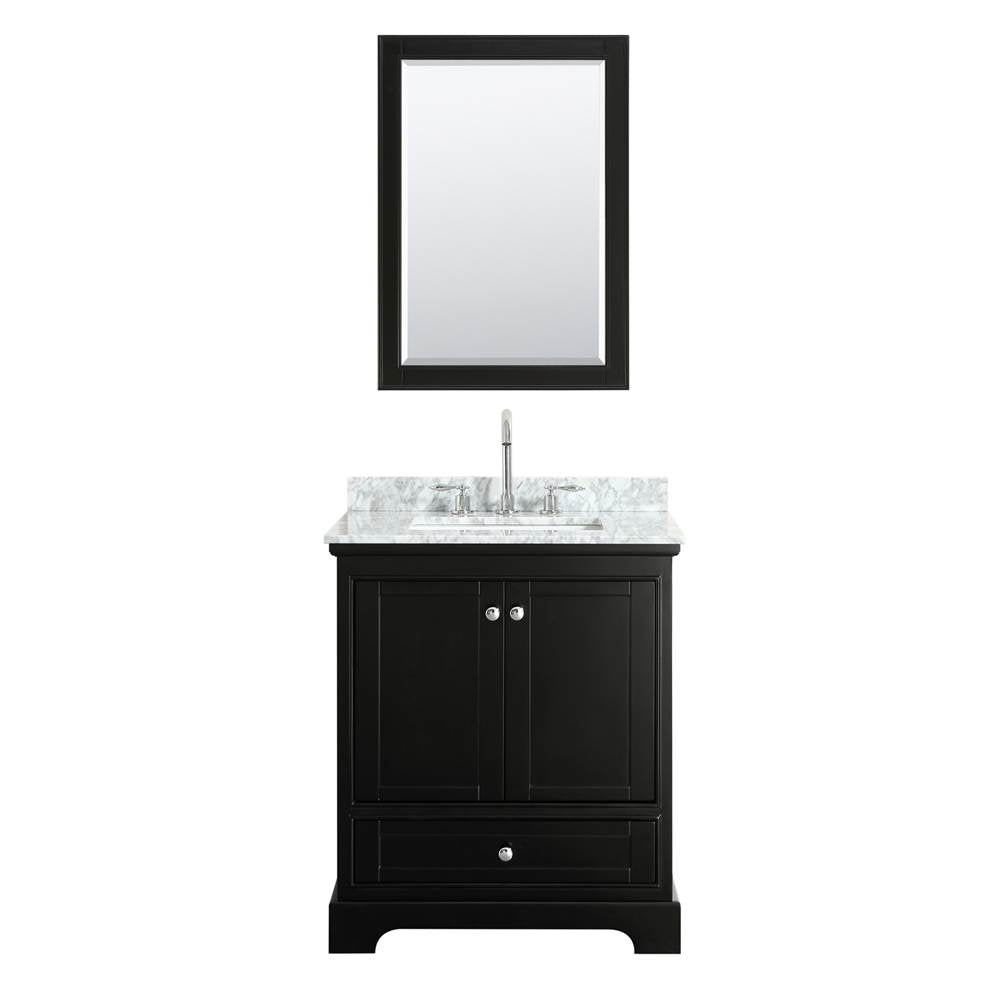 Deborah 30 Inch Single Bathroom Vanity in Dark Espresso, White Carrara Marble Countertop, Undermount Square Sink, and 24 Inch Mirror