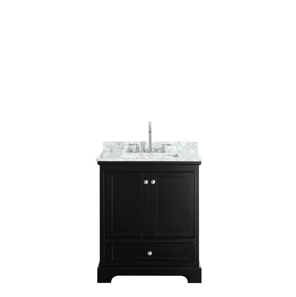 Deborah 30 Inch Single Bathroom Vanity in Dark Espresso, White Carrara Marble Countertop, Undermount Square Sink, and No Mirror