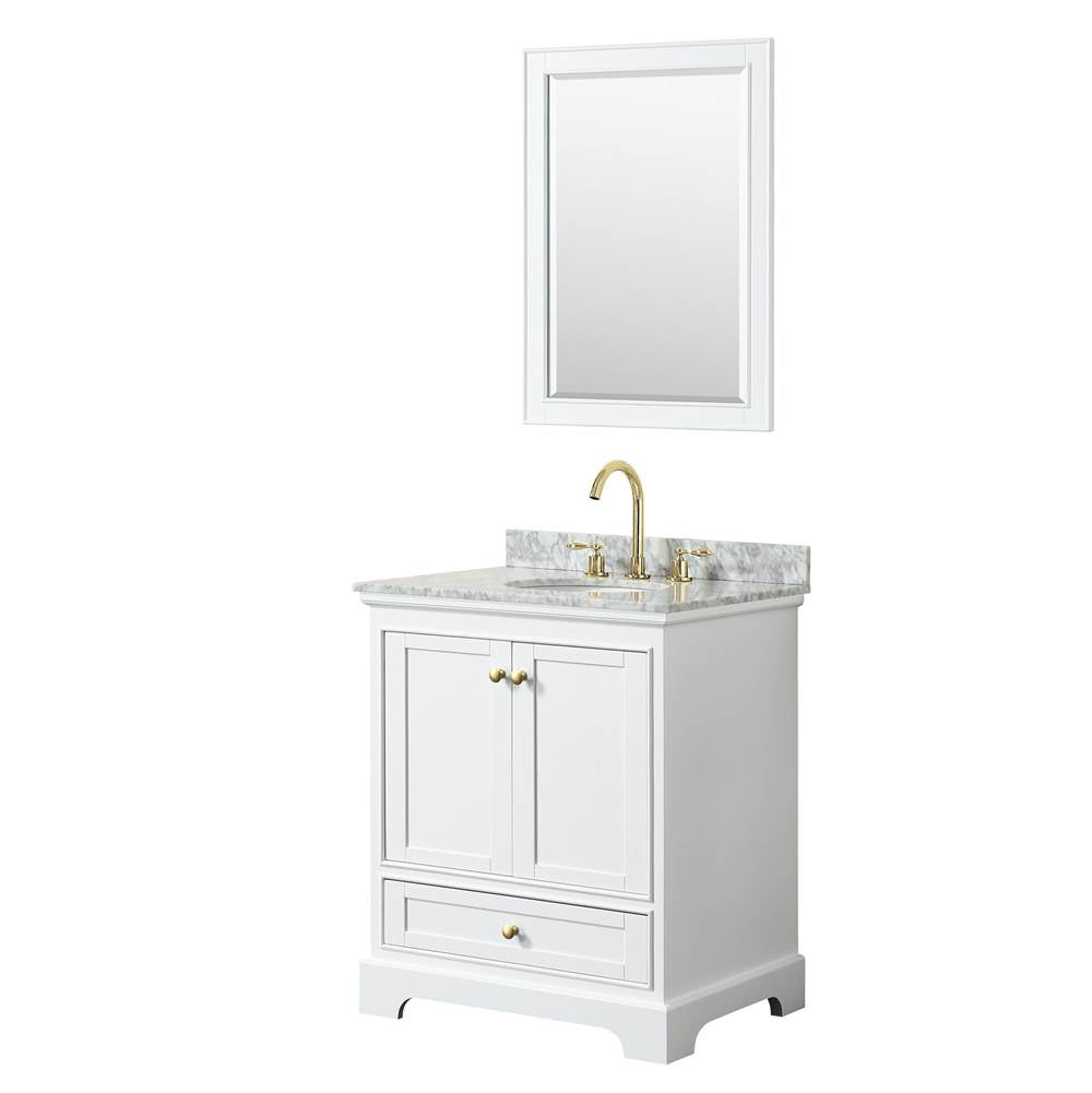Wyndham Collection - Deborah 30 Inch Single Bathroom Vanity in White, White Carrara Marble Countertop, Undermount Oval Sink, Brushed Gold Trim, 24 Inch Mirror