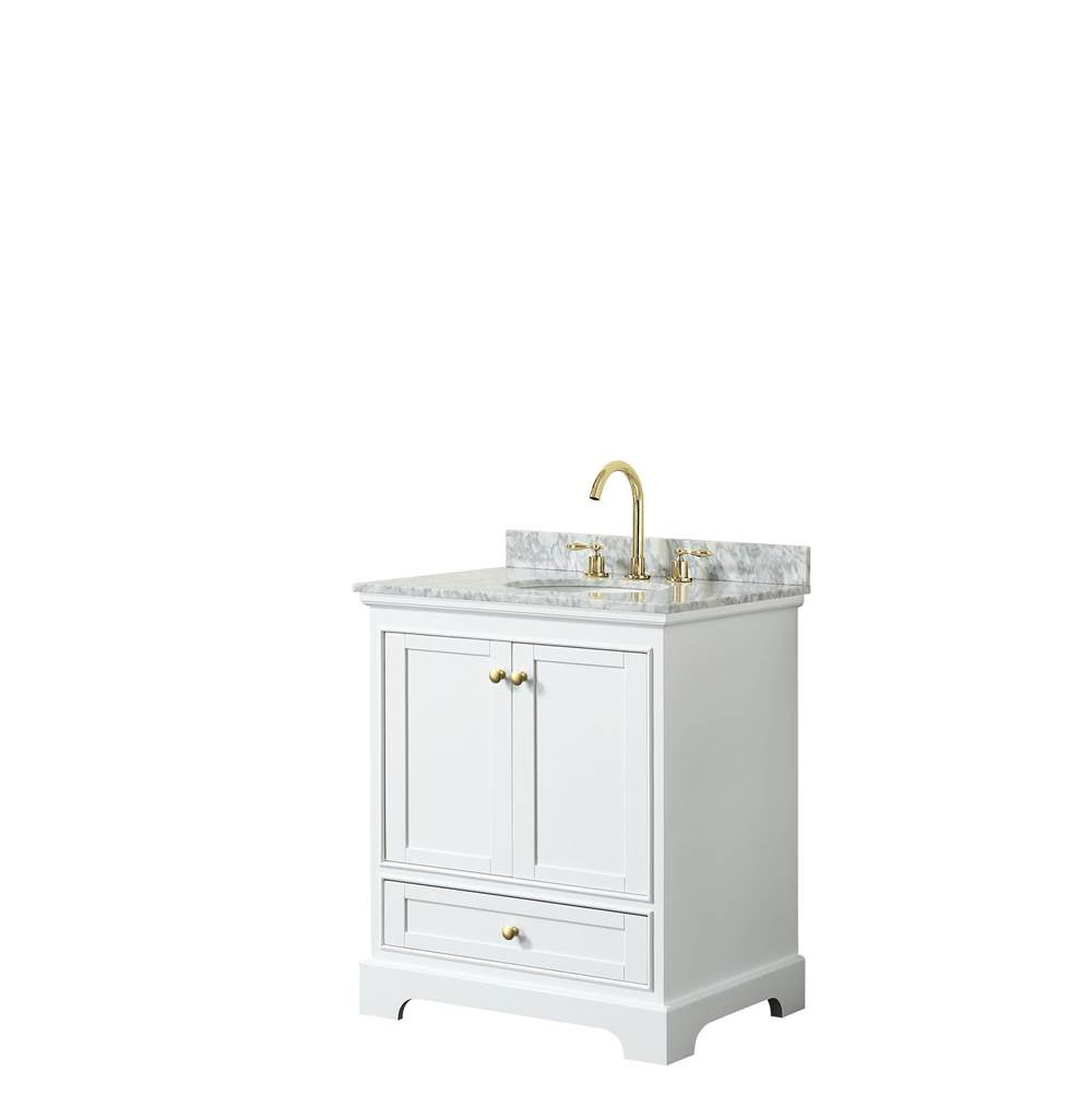 Wyndham Collection - Deborah 30 Inch Single Bathroom Vanity in White, White Carrara Marble Countertop, Undermount Oval Sink, Brushed Gold Trim, No Mirror