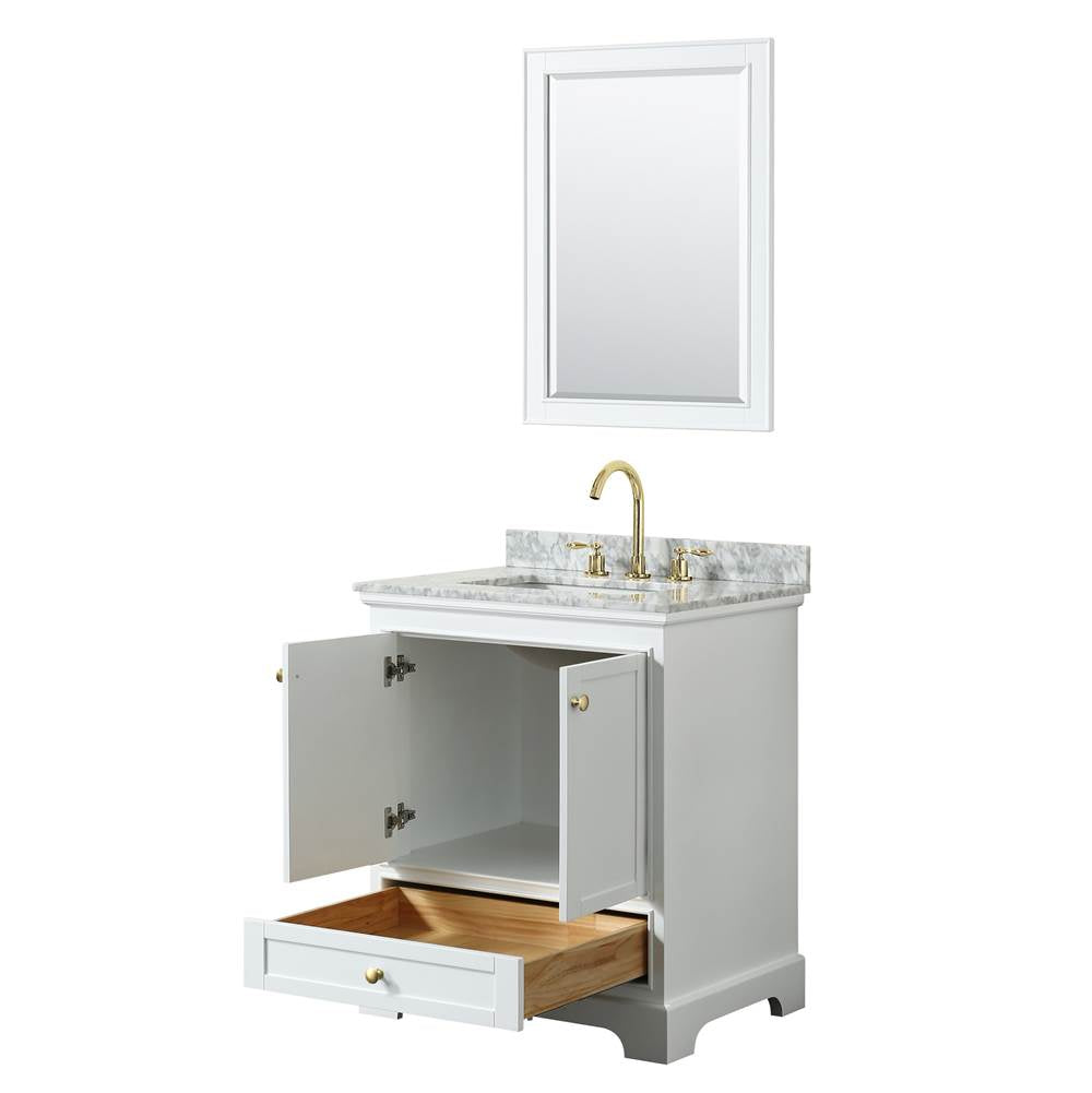 Deborah 30 Inch Single Bathroom Vanity in White, White Carrara Marble Countertop, Undermount Square Sink, Brushed Gold Trim, 24 Inch Mirror